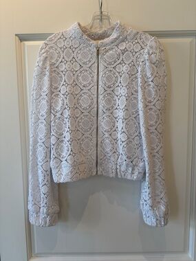 Anthropologie White Lace Zip Bomber Jacket